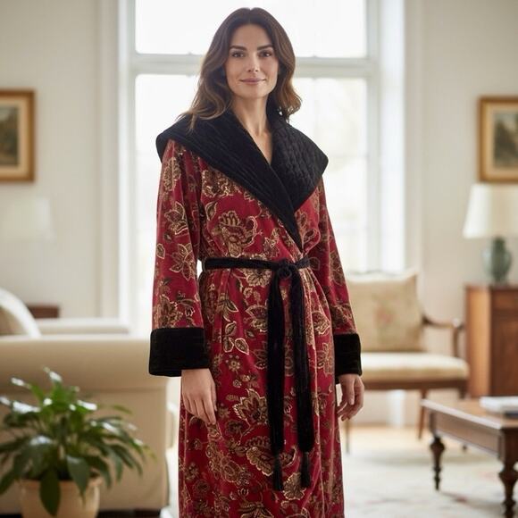 VTG Victoria's Secret Gold Label Red Black Paisley Floral Velvet Robe M/L Chunky - Picture 3 of 16